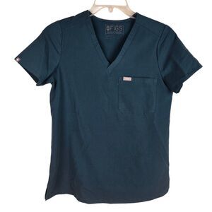 Figs Technical Collection Womens Scrub Top S V-Neck Teal Short Sleeve Medical